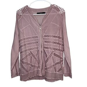 J Robert’s Womens M Pink Laser Cut Zip Top Butterfly Crochet Back Long Sleeve